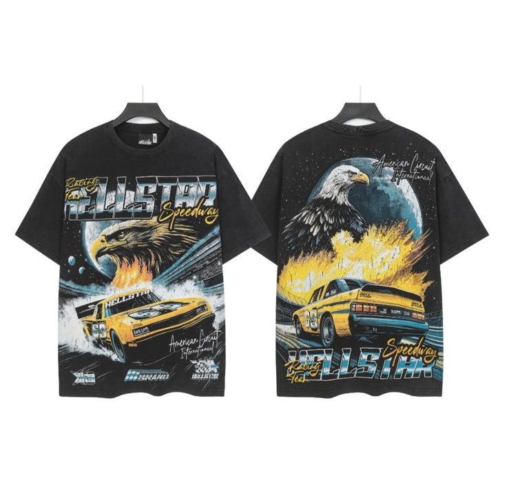 Two black t-shirts with graphic designs on a white background