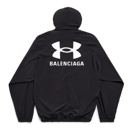 Black jacket with Under Armour logo and Balenciaga text on a white background