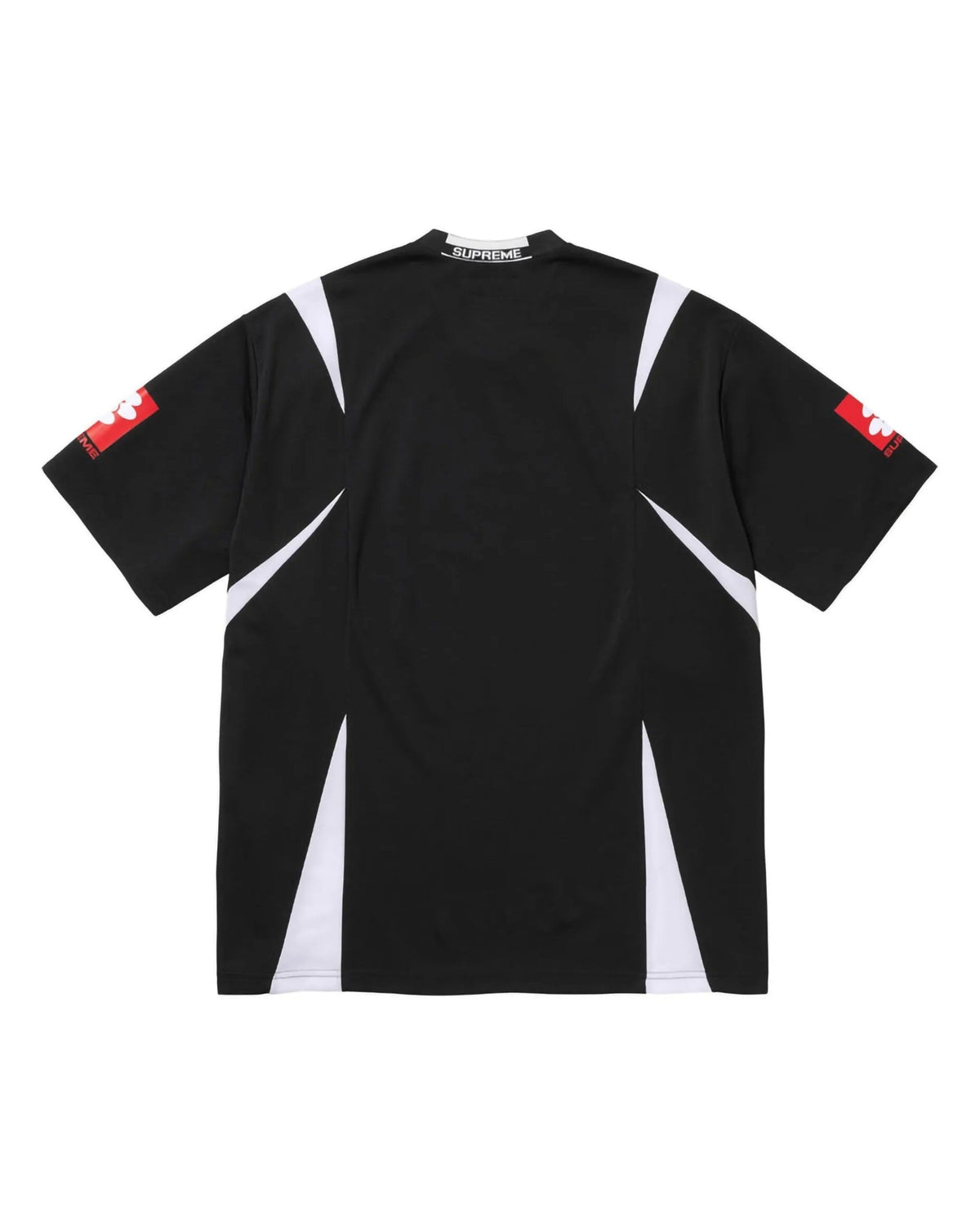 Black sports jersey with white accents and red logos on sleeves against a white background