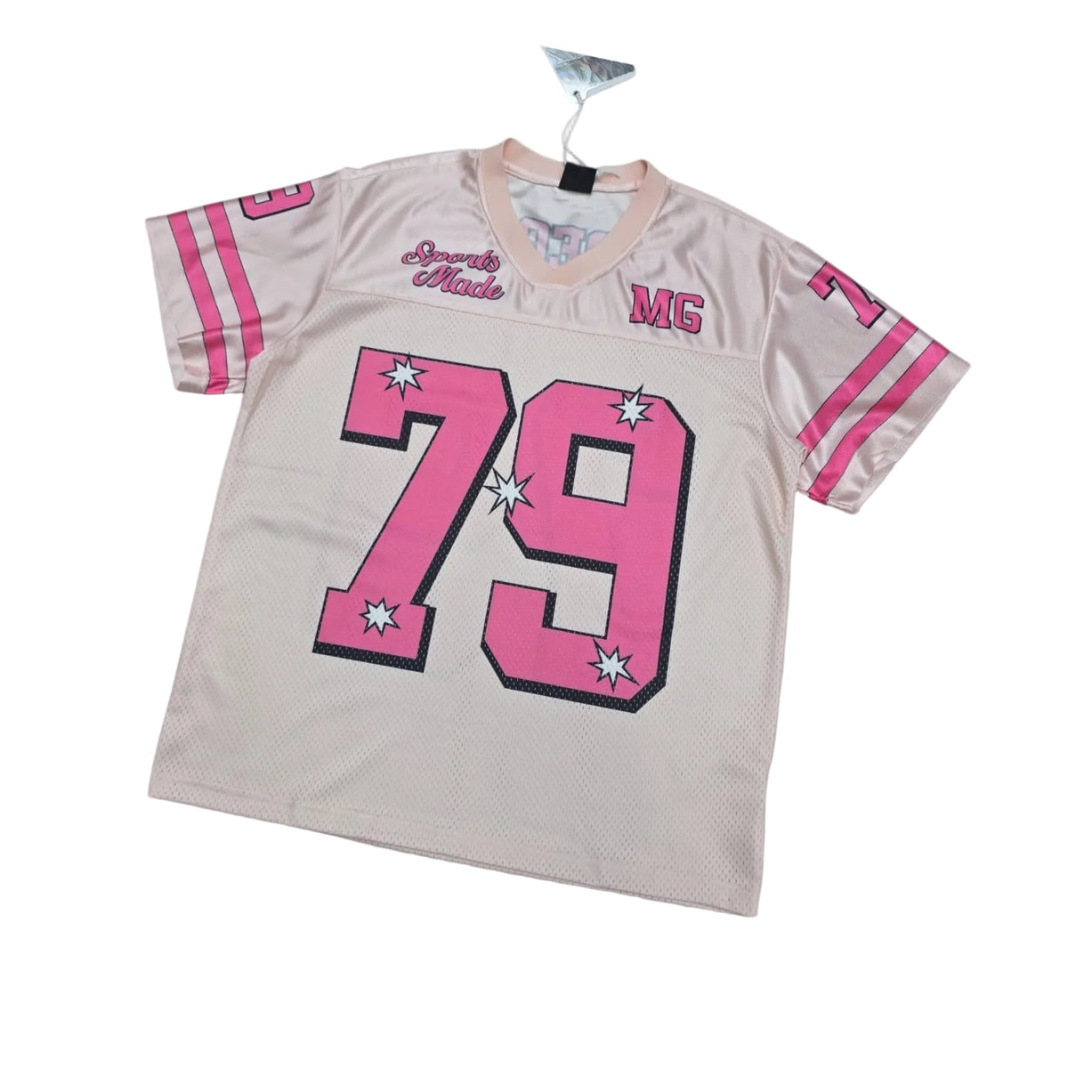 Gray sports jersey with pink numbers and lettering on a white background