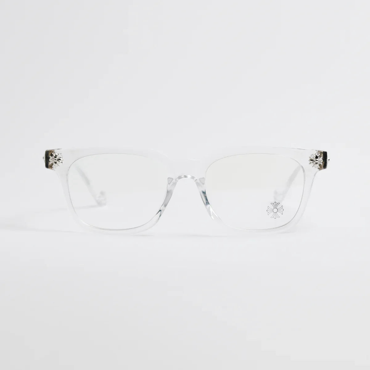 Clear eyeglasses with decorative temple tips on a white background