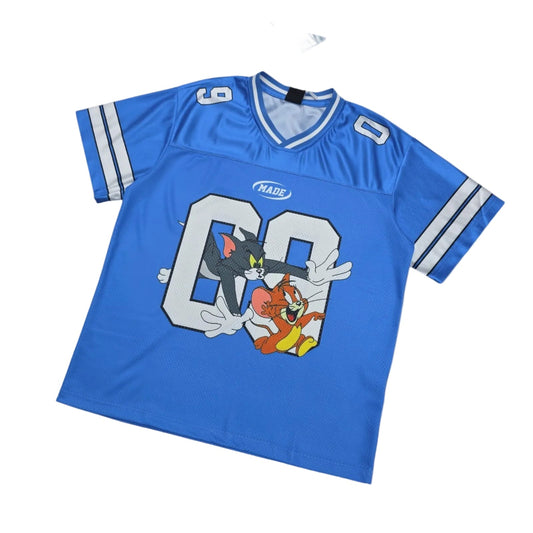 Blue sports jersey with cartoon characters on a white background
