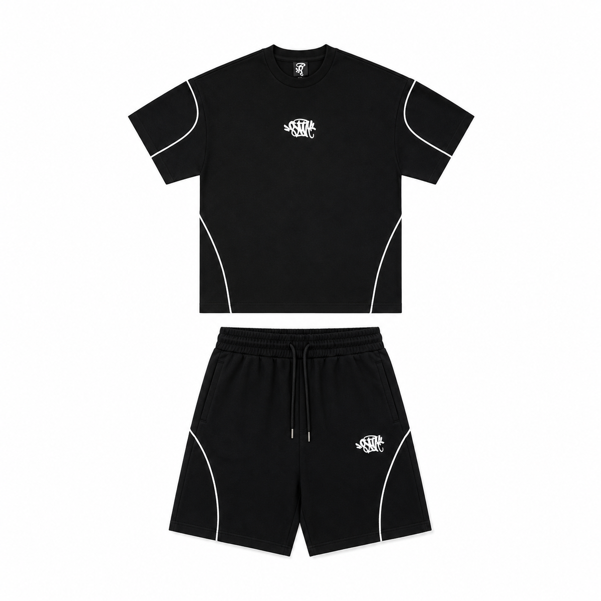 A two-piece athletic set consisting of a black short-sleeve t-shirt and matching black shorts, both featuring white contrast piping and a small white 'SYNA' logo on the chest and left leg.