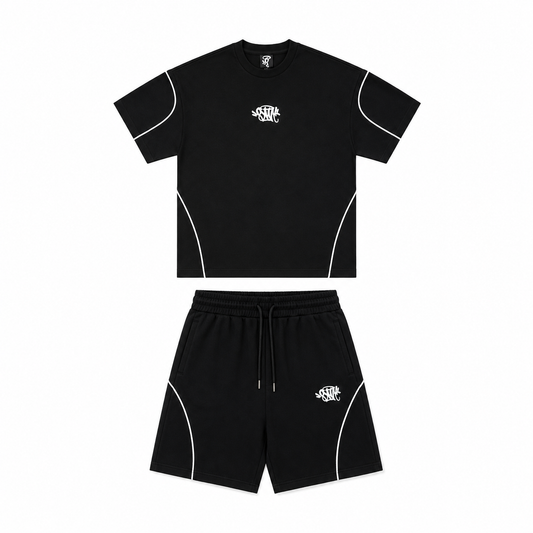 A two-piece athletic set consisting of a black short-sleeve t-shirt and matching black shorts, both featuring white contrast piping and a small white 'SYNA' logo on the chest and left leg.