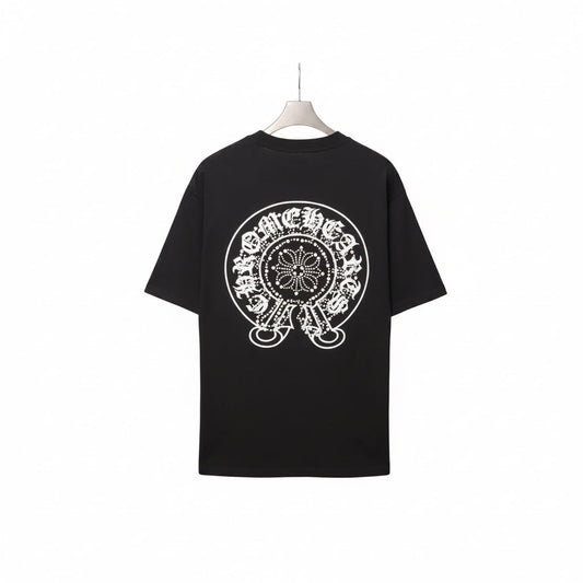 Black t-shirt with white graphic design on a white background