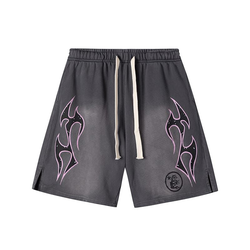 Gray shorts with tribal designs on a white background