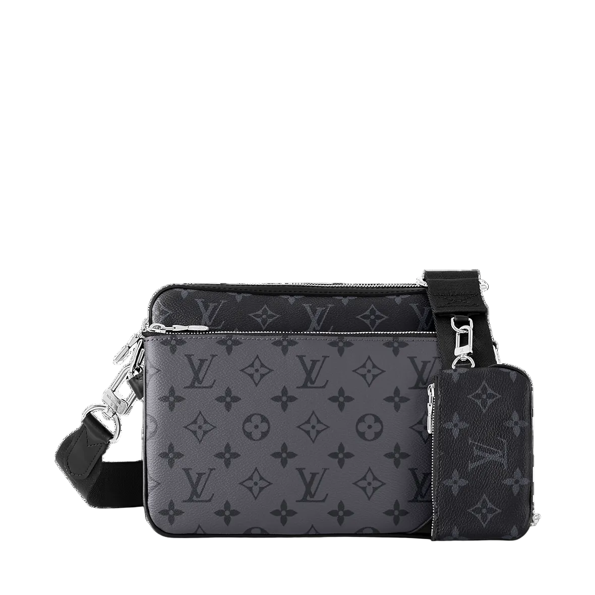Black monogram patterned bag with matching pouch on a white background
