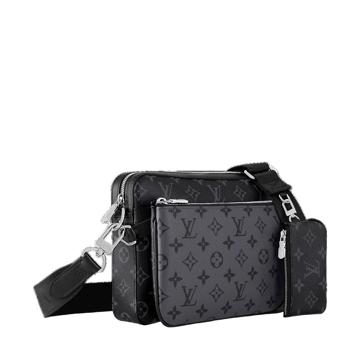 Black monogram patterned bag with matching wallet on a white background
