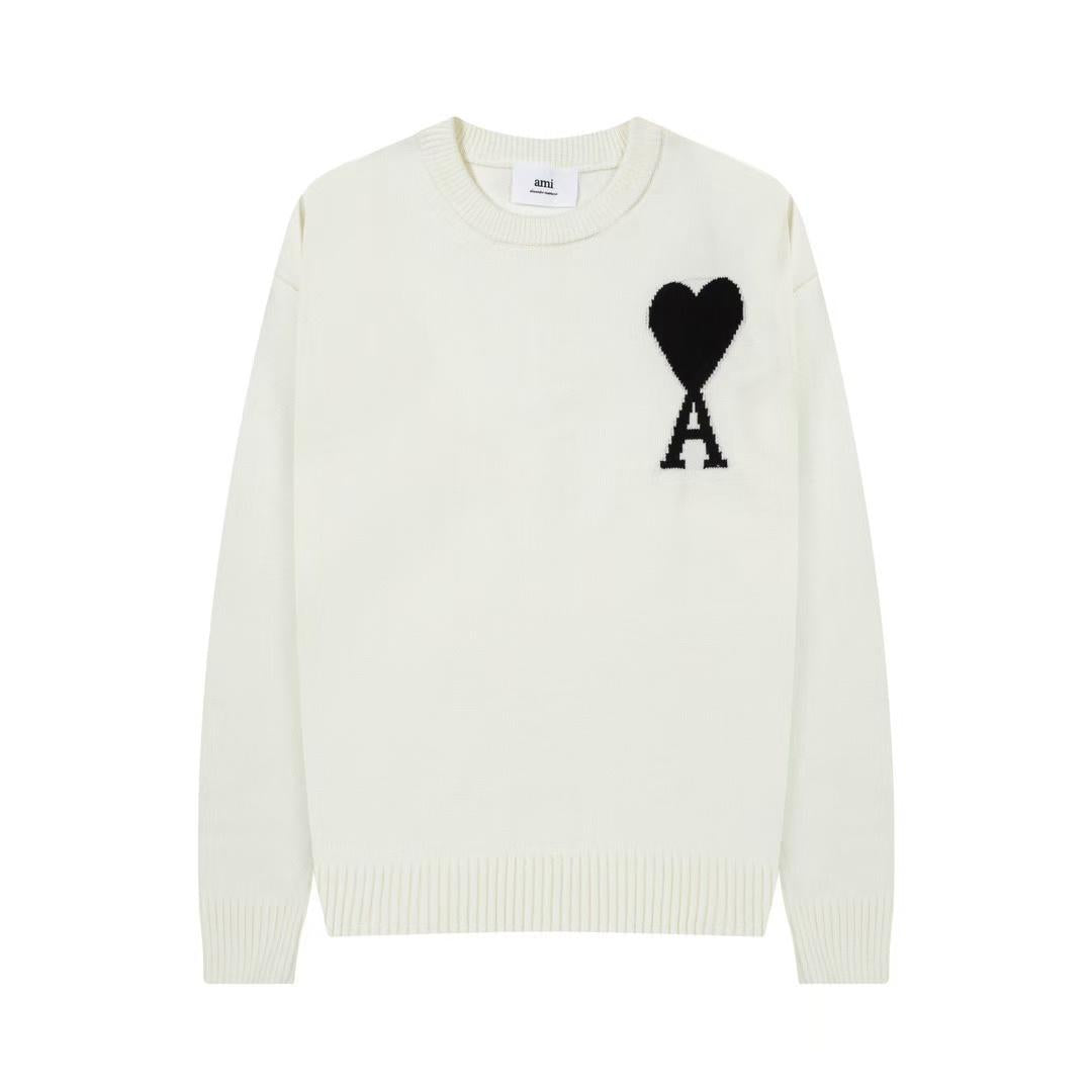 White sweater with a black heart and letter 'A' on a white background