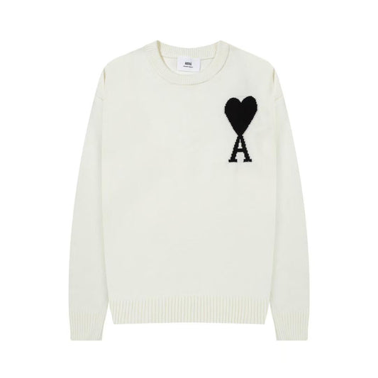 White sweater with a black heart and letter 'A' on a white background