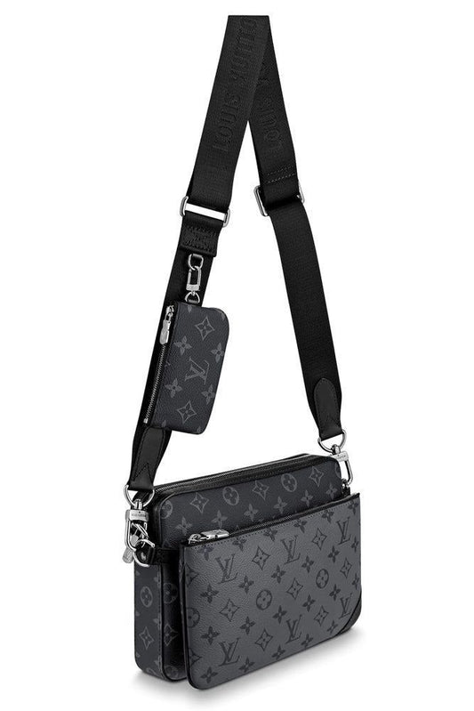 Black crossbody bag with visible brand logo on a white background