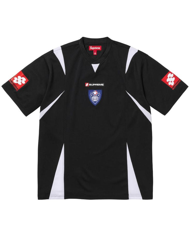 Black sports jersey with white accents and logos on a white background