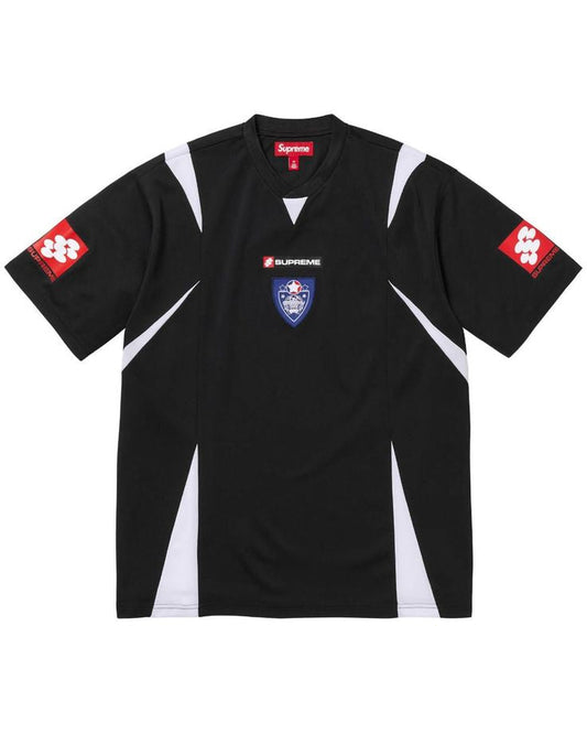 Black sports jersey with white accents and logos on a white background