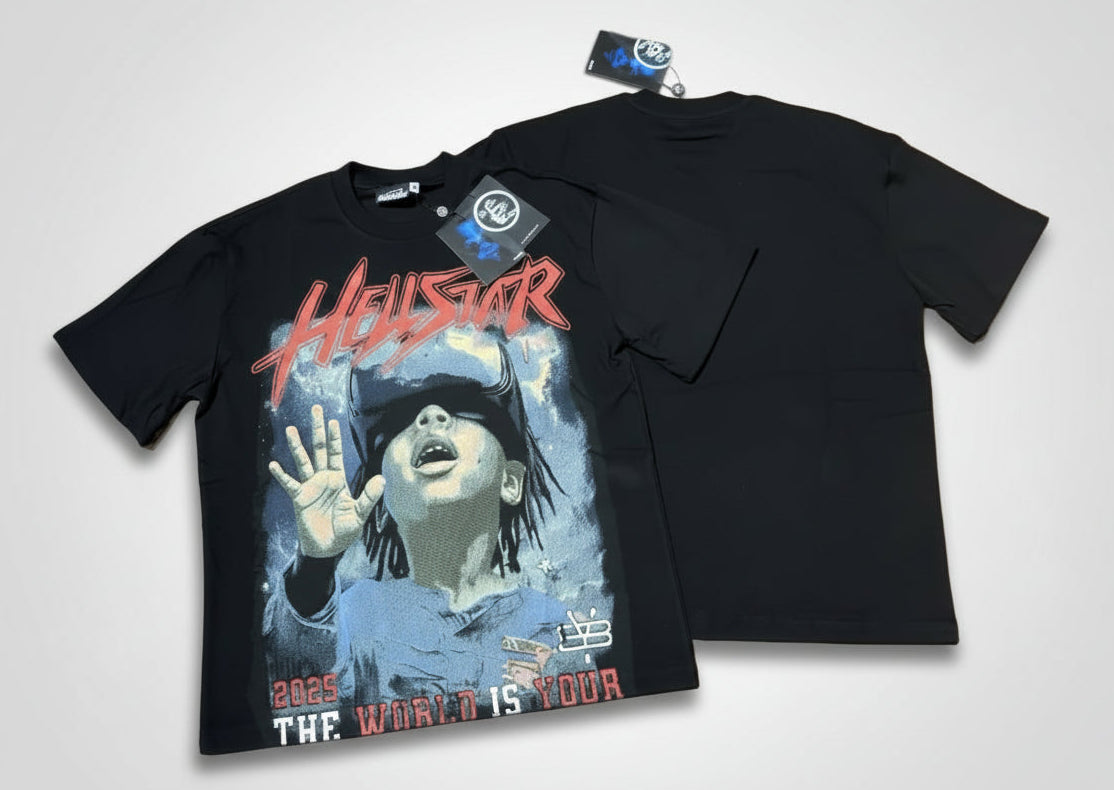 Black t-shirt with graphic design on a wooden surface