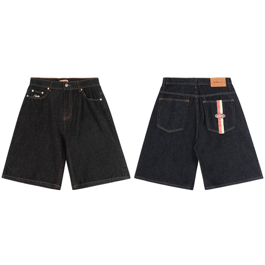 Black denim shorts shown from front and back on a white background