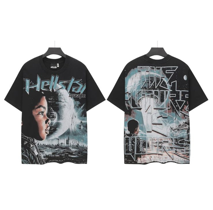 Two black t-shirts with graphic designs on a messaging app interface.