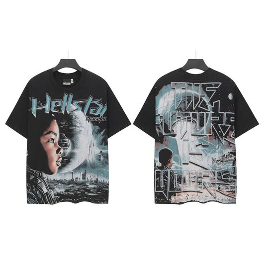 Two black t-shirts with graphic designs on a messaging app interface.
