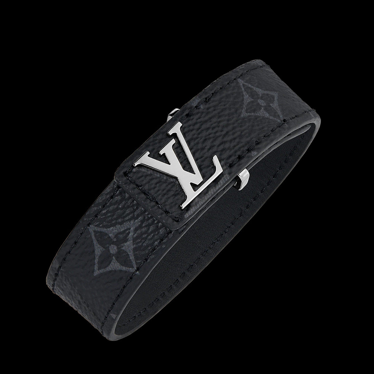 Black leather bracelet with silver 'LV' logo on a white background