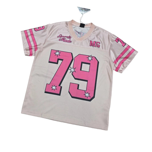 Gray sports jersey with pink numbers and lettering on a white background